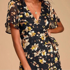 Lulu's Lean On Me Black Mutli Print Wrap Maxi Dress